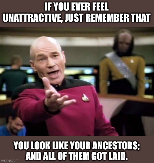 Truth | IF YOU EVER FEEL UNATTRACTIVE, JUST REMEMBER THAT; YOU LOOK LIKE YOUR ANCESTORS; AND ALL OF THEM GOT LAID. | image tagged in memes,picard wtf | made w/ Imgflip meme maker