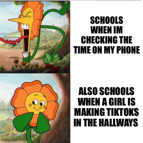 Phone rules be like: | SCHOOLS WHEN IM CHECKING THE TIME ON MY PHONE; ALSO SCHOOLS WHEN A GIRL IS MAKING TIKTOKS IN THE HALLWAYS | image tagged in cuphead flower | made w/ Imgflip meme maker