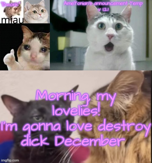 AmeTonian's announcement Temp v 1.2.1 | Morning, my lovelies!
I'm gonna love destroy dick December | image tagged in ametonian's announcement temp v 1 2 1 | made w/ Imgflip meme maker