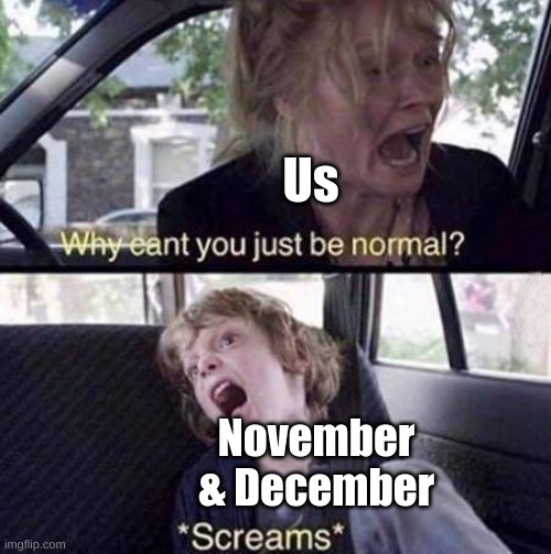 Why Can't You Just Be Normal | Us November & December | image tagged in why can't you just be normal | made w/ Imgflip meme maker