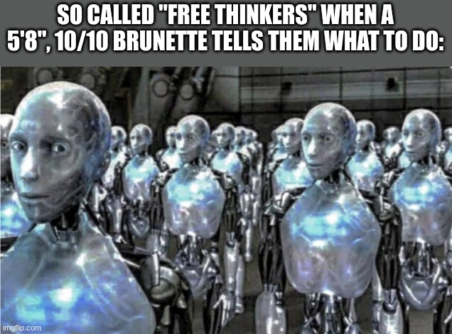 Self-proclaimed free thinkers | SO CALLED "FREE THINKERS" WHEN A 5'8", 10/10 BRUNETTE TELLS THEM WHAT TO DO: | image tagged in self-proclaimed free thinkers | made w/ Imgflip meme maker