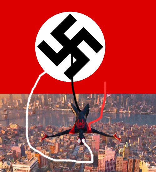 image tagged in nazi flag,miles jumping down | made w/ Imgflip meme maker