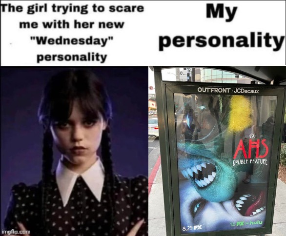 The girl trying to scare me with her new wednesday personality | image tagged in the girl trying to scare me with her new wednesday personality | made w/ Imgflip meme maker
