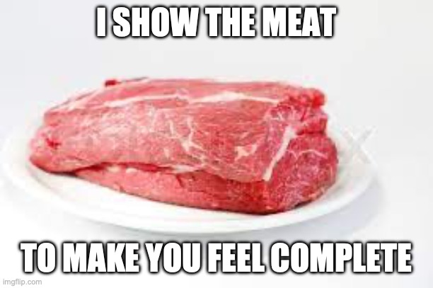 ... | I SHOW THE MEAT; TO MAKE YOU FEEL COMPLETE | image tagged in i show da meat,uhhh | made w/ Imgflip meme maker