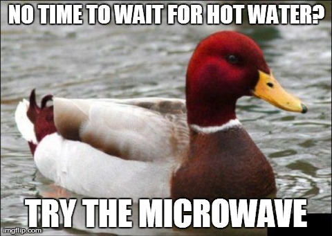 Malicious Advice Mallard Meme | NO TIME TO WAIT FOR HOT WATER? TRY THE MICROWAVE | image tagged in memes,malicious advice mallard,AdviceAnimals | made w/ Imgflip meme maker