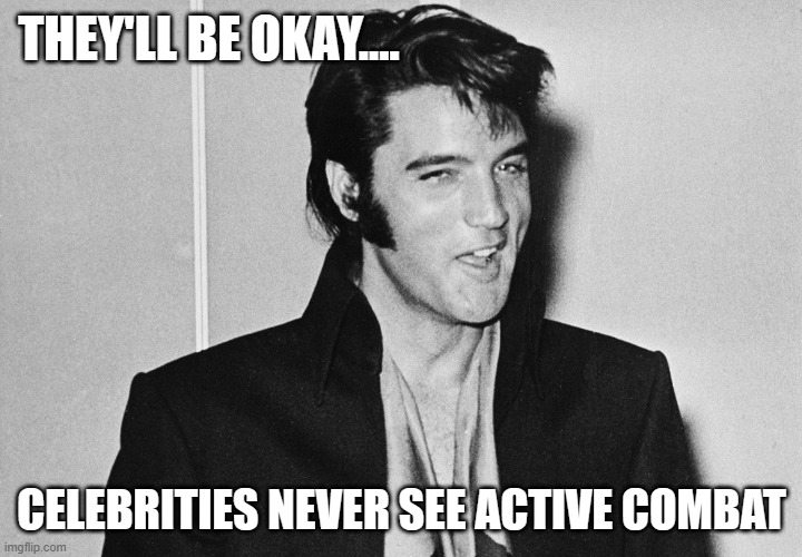Elvis | THEY'LL BE OKAY.... CELEBRITIES NEVER SEE ACTIVE COMBAT | image tagged in elvis | made w/ Imgflip meme maker
