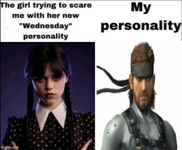 i refuse to let the trend die, i just need to think of more metal gear solid characters | image tagged in the girl trying to scare me with her new wednesday personality | made w/ Imgflip meme maker