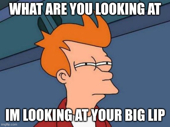Futurama Fry | WHAT ARE YOU LOOKING AT; IM LOOKING AT YOUR BIG LIP | image tagged in memes,futurama fry | made w/ Imgflip meme maker