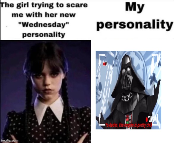 The girl trying to scare me with her new wednesday personality | image tagged in the girl trying to scare me with her new wednesday personality | made w/ Imgflip meme maker