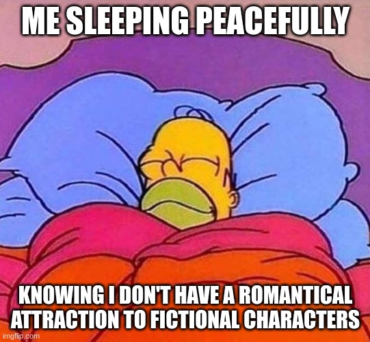 Homer Simpson sleeping peacefully | ME SLEEPING PEACEFULLY KNOWING I DON'T HAVE A ROMANTICAL ATTRACTION TO FICTIONAL CHARACTERS | image tagged in homer simpson sleeping peacefully | made w/ Imgflip meme maker