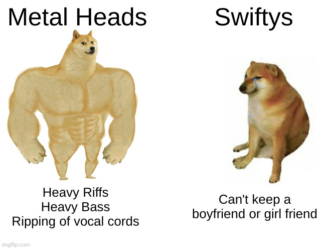 Buff Doge vs. Cheems Meme | Metal Heads; Swiftys; Heavy Riffs
Heavy Bass
Ripping of vocal cords; Can't keep a boyfriend or girl friend | image tagged in memes,buff doge vs cheems | made w/ Imgflip meme maker