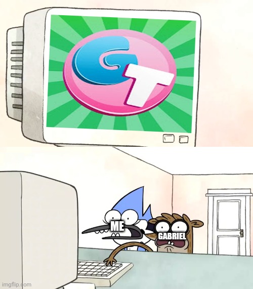 Me and Gabriel watched gametoons... | ME; GABRIEL | image tagged in regular show - mordecai rigby surprised,gametoons,watched,cringe | made w/ Imgflip meme maker