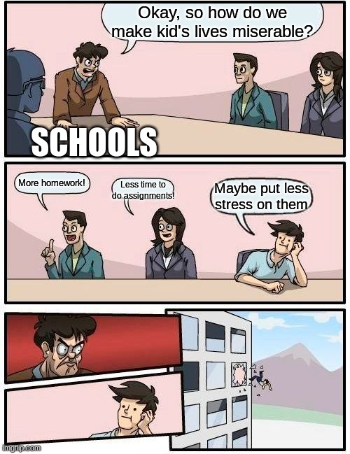 Just a suggestion | Okay, so how do we make kid's lives miserable? SCHOOLS; More homework! Less time to do assignments! Maybe put less stress on them | image tagged in memes,boardroom meeting suggestion | made w/ Imgflip meme maker