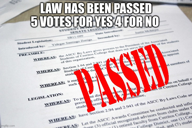 LAW HAS BEEN PASSED 5 VOTES FOR YES 4 FOR NO | made w/ Imgflip meme maker