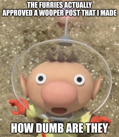Olimar scared | THE FURRIES ACTUALLY APPROVED A WOOPER POST THAT I MADE; HOW DUMB ARE THEY | image tagged in olimar scared | made w/ Imgflip meme maker