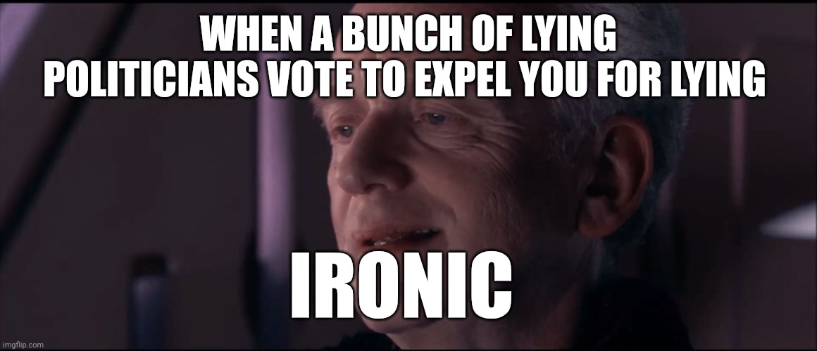 Palpatine Ironic  | WHEN A BUNCH OF LYING POLITICIANS VOTE TO EXPEL YOU FOR LYING; IRONIC | image tagged in palpatine ironic | made w/ Imgflip meme maker