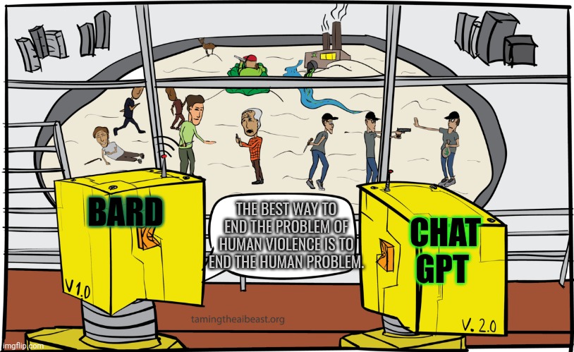 Free 2024 preview | BARD; THE BEST WAY TO END THE PROBLEM OF HUMAN VIOLENCE IS TO END THE HUMAN PROBLEM. CHAT GPT | image tagged in ai,chatgpt,bard,robots,will kill us all | made w/ Imgflip meme maker