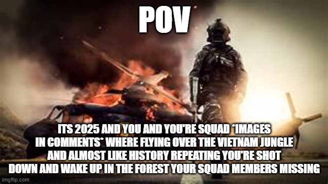 this contains triggers and vibrant depictions of gore good luck soldier | POV; ITS 2025 AND YOU AND YOU'RE SQUAD *IMAGES IN COMMENTS* WHERE FLYING OVER THE VIETNAM JUNGLE AND ALMOST LIKE HISTORY REPEATING YOU'RE SHOT DOWN AND WAKE UP IN THE FOREST YOUR SQUAD MEMBERS MISSING | made w/ Imgflip meme maker
