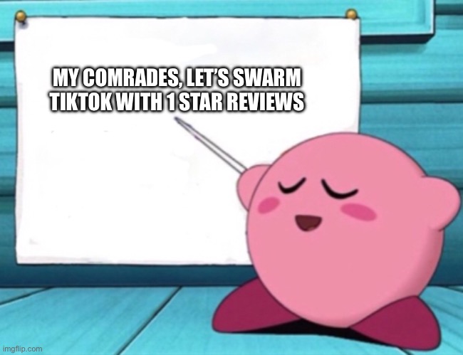 best idea ever | MY COMRADES, LET’S SWARM TIKTOK WITH 1 STAR REVIEWS | image tagged in kirby's lesson,tiktok sucks | made w/ Imgflip meme maker