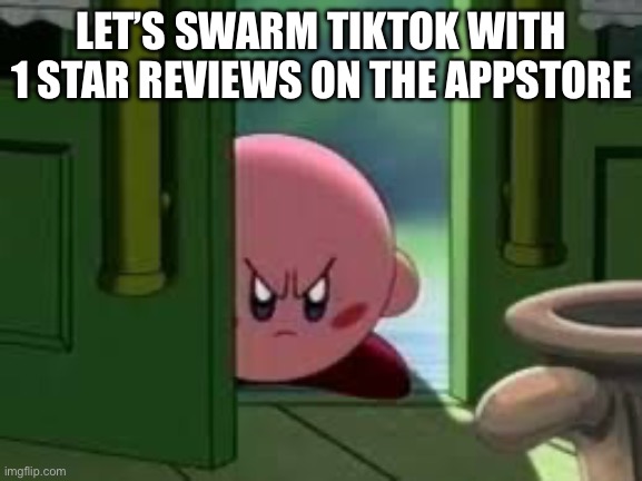come on guys | LET’S SWARM TIKTOK WITH 1 STAR REVIEWS ON THE APPSTORE | image tagged in pissed off kirby | made w/ Imgflip meme maker