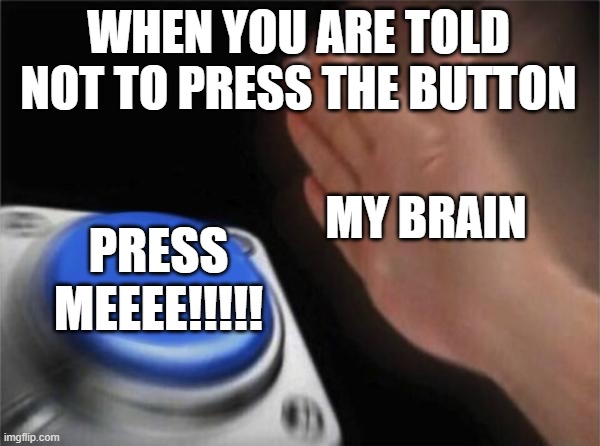 plz dont press | WHEN YOU ARE TOLD NOT TO PRESS THE BUTTON; MY BRAIN; PRESS MEEEE!!!!! | image tagged in memes,blank nut button | made w/ Imgflip meme maker