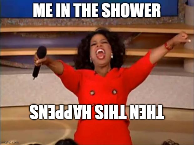Oprah You Get A | ME IN THE SHOWER; THEN THIS HAPPENS | image tagged in memes,oprah you get a | made w/ Imgflip meme maker
