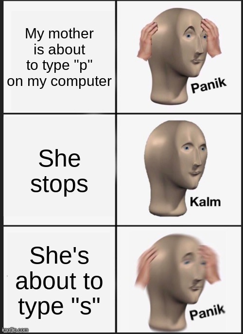 Panik Kalm Panik Meme | My mother is about to type "p" on my computer; She stops; She's about to type "s" | image tagged in memes,panik kalm panik | made w/ Imgflip meme maker