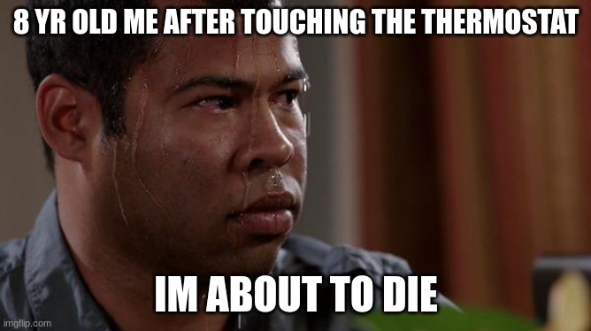 sweating bullets | 8 YR OLD ME AFTER TOUCHING THE THERMOSTAT; IM ABOUT TO DIE | image tagged in sweating bullets,angry dad | made w/ Imgflip meme maker