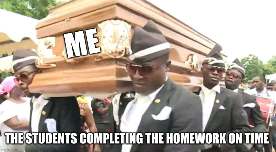 POV: Doing homework | ME; THE STUDENTS COMPLETING THE HOMEWORK ON TIME | image tagged in coffin | made w/ Imgflip meme maker