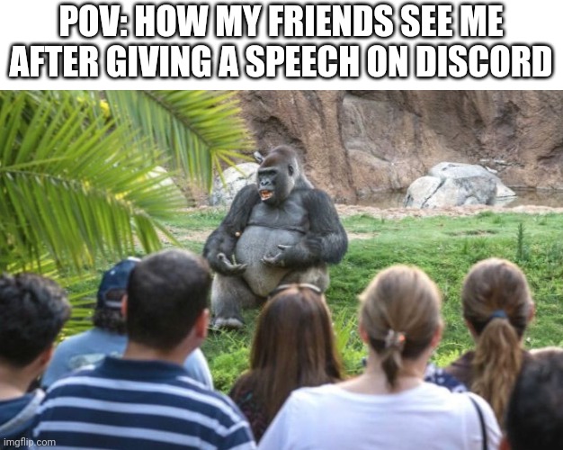 I don't monkey around | POV: HOW MY FRIENDS SEE ME AFTER GIVING A SPEECH ON DISCORD | image tagged in ted talk gorilla,memes,funny,friends,discord | made w/ Imgflip meme maker
