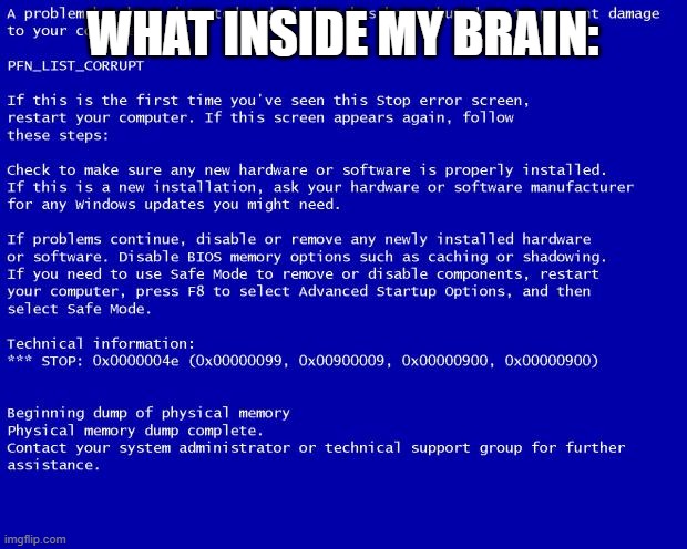 Blue screen of death | WHAT INSIDE MY BRAIN: | image tagged in blue screen of death | made w/ Imgflip meme maker