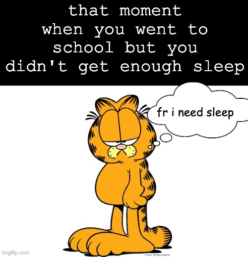 Grumpy Garfield | that moment when you went to school but you didn't get enough sleep; fr i need sleep | image tagged in grumpy garfield | made w/ Imgflip meme maker