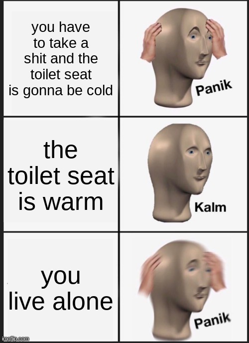 Panik Kalm Panik | you have to take a shit and the toilet seat is gonna be cold; the toilet seat is warm; you live alone | image tagged in memes,panik kalm panik | made w/ Imgflip meme maker