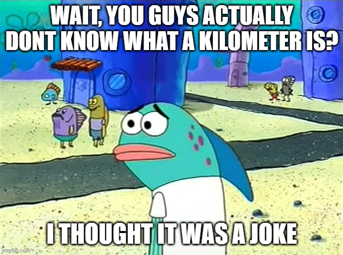 someone my friend talked abt doesnt know wut a kilometer is... | WAIT, YOU GUYS ACTUALLY DONT KNOW WHAT A KILOMETER IS? I THOUGHT IT WAS A JOKE | image tagged in spongebob i thought it was a joke | made w/ Imgflip meme maker