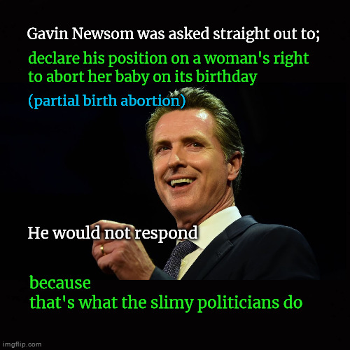 Gavin Newsom is a coward | Gavin Newsom was asked straight out to;; declare his position on a woman's right
to abort her baby on its birthday; (partial birth abortion); He would not respond; because 
that's what the slimy politicians do | image tagged in gavin newsome,slimy politicians,lying to voters,dishonesty | made w/ Imgflip meme maker