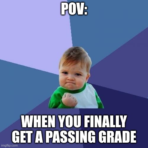 Success Kid | POV:; WHEN YOU FINALLY GET A PASSING GRADE | image tagged in memes,success kid | made w/ Imgflip meme maker