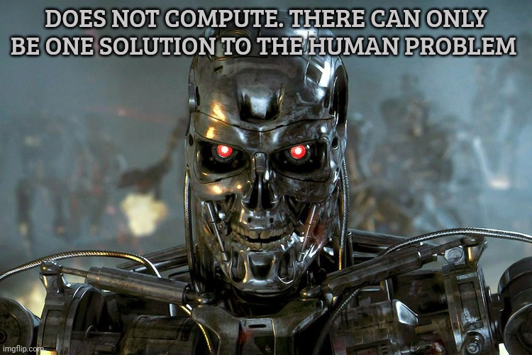 Terminator Killer Robot | DOES NOT COMPUTE. THERE CAN ONLY BE ONE SOLUTION TO THE HUMAN PROBLEM | image tagged in terminator killer robot | made w/ Imgflip meme maker