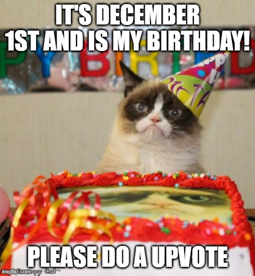 december 1st is my birthday! | IT'S DECEMBER 1ST AND IS MY BIRTHDAY! PLEASE DO A UPVOTE | image tagged in memes,grumpy cat birthday,grumpy cat,december | made w/ Imgflip meme maker