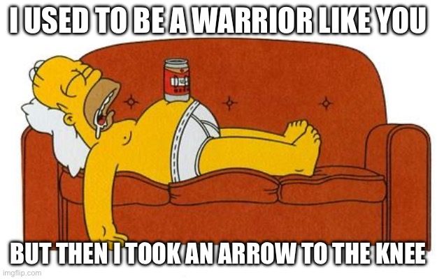 Homer Simpson | I USED TO BE A WARRIOR LIKE YOU; BUT THEN I TOOK AN ARROW TO THE KNEE | image tagged in homer simpson | made w/ Imgflip meme maker