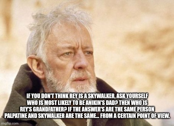 Obi Wan Kenobi Meme | IF YOU DON'T THINK REY IS A SKYWALKER, ASK YOURSELF WHO IS MOST LIKELY TO BE ANIKIN'S DAD? THEN WHO IS REY'S GRANDFATHER? IF THE ANSWER'S ARE THE SAME PERSON PALPATINE AND SKYWALKER ARE THE SAME... FROM A CERTAIN POINT OF VIEW. | image tagged in memes,obi wan kenobi | made w/ Imgflip meme maker