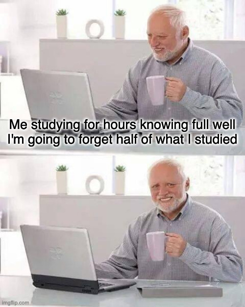 Pain | Me studying for hours knowing full well I'm going to forget half of what I studied | image tagged in memes,hide the pain harold,school | made w/ Imgflip meme maker
