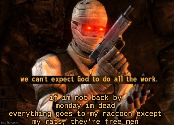bye bye for now | if im not back by monday im dead
everything goes to my raccoon except my rats, they're free men | image tagged in we can't expect god to do all the work | made w/ Imgflip meme maker