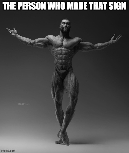 gigachad arms out | THE PERSON WHO MADE THAT SIGN | image tagged in gigachad arms out | made w/ Imgflip meme maker