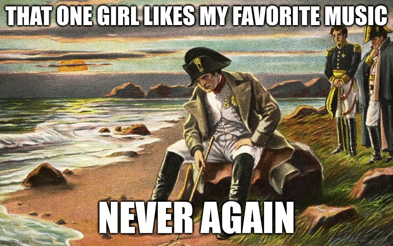 Napoleon | THAT ONE GIRL LIKES MY FAVORITE MUSIC; NEVER AGAIN | image tagged in napoleon | made w/ Imgflip meme maker