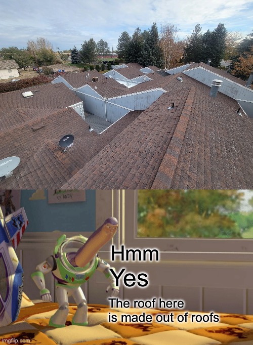 Roof | Hmm; Yes; The roof here is made out of roofs | image tagged in hmm yes the floor here is made out of x,roof,building | made w/ Imgflip meme maker