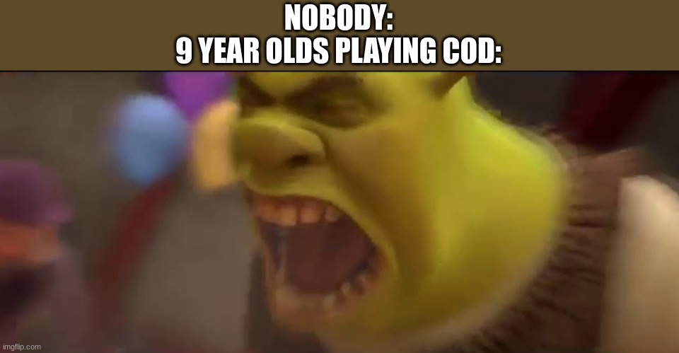 Shrek Screaming | NOBODY:
9 YEAR OLDS PLAYING COD: | image tagged in shrek screaming,cod,gaming,oh wow are you actually reading these tags,stop reading the tags | made w/ Imgflip meme maker