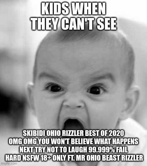 You should see the amount of tags for this one | KIDS WHEN THEY CAN'T SEE; SKIBIDI OHIO RIZZLER BEST OF 2020 OMG OMG YOU WON'T BELIEVE WHAT HAPPENS NEXT TRY NOT TO LAUGH 99.999% FAIL  HARD NSFW 18+ ONLY FT. MR OHIO BEAST RIZZLER | image tagged in angry baby,skibidi toilet,only in ohio,mr beast,grimace shake,cringe | made w/ Imgflip meme maker
