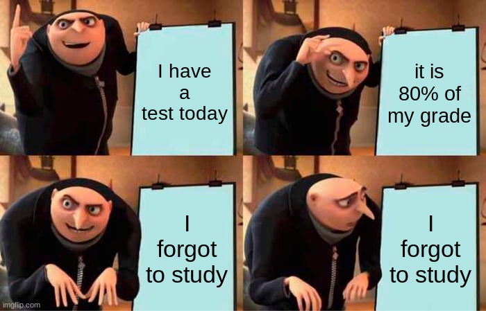 Happens to everybody. | I have a test today; it is 80% of my grade; I forgot to study; I forgot to study | image tagged in memes,gru's plan | made w/ Imgflip meme maker