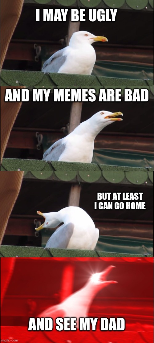 Inhaling Seagull Meme | I MAY BE UGLY; AND MY MEMES ARE BAD; BUT AT LEAST I CAN GO HOME; AND SEE MY DAD | image tagged in memes,inhaling seagull | made w/ Imgflip meme maker
