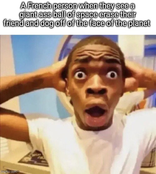 in shock | A French person when they see a giant ass ball of space erase their friend and dog off of the face of the planet | image tagged in in shock | made w/ Imgflip meme maker